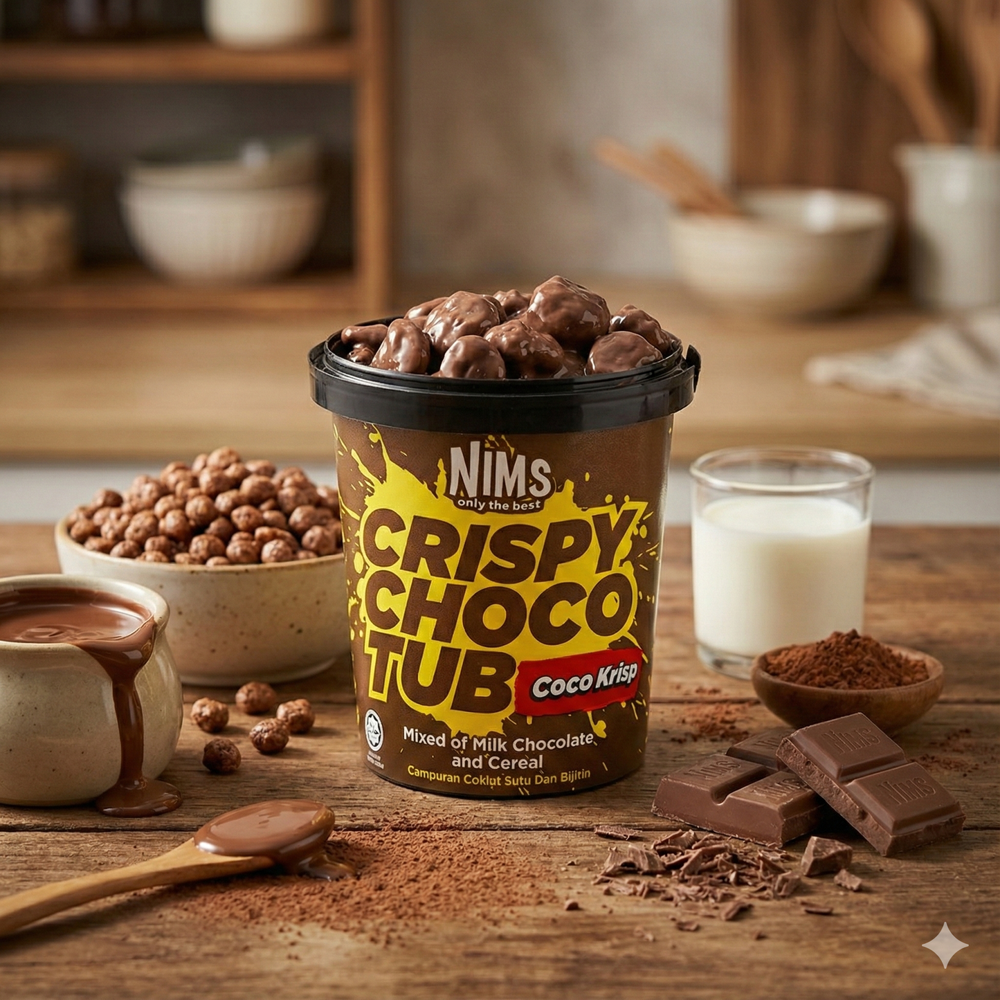 Nims Crispy Choco Tub on a wooden table with chocolate pieces and a glass of milk.