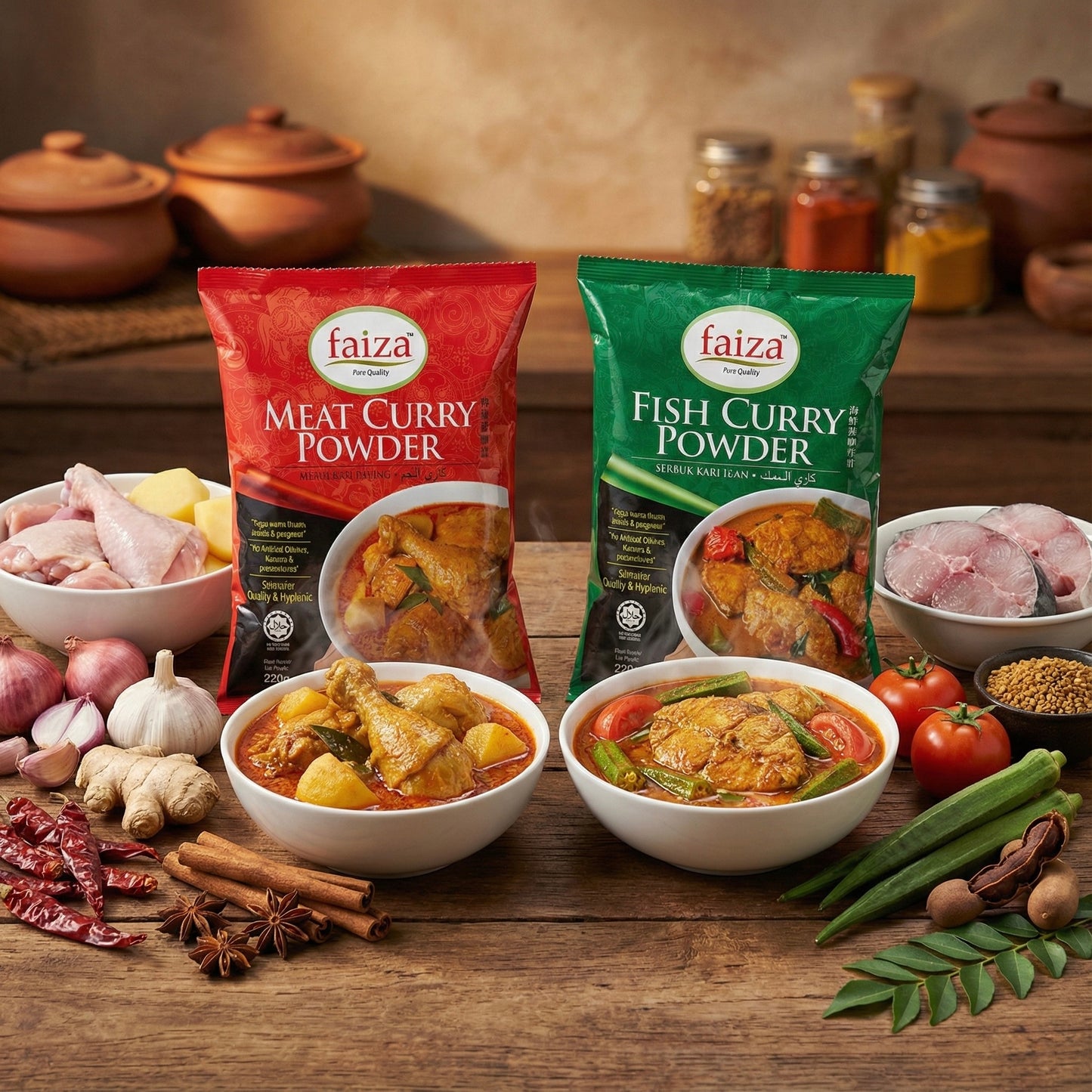 Faiza Meat and Fish Curry Powder Combo Pack, 7.76 oz, 220 gm each