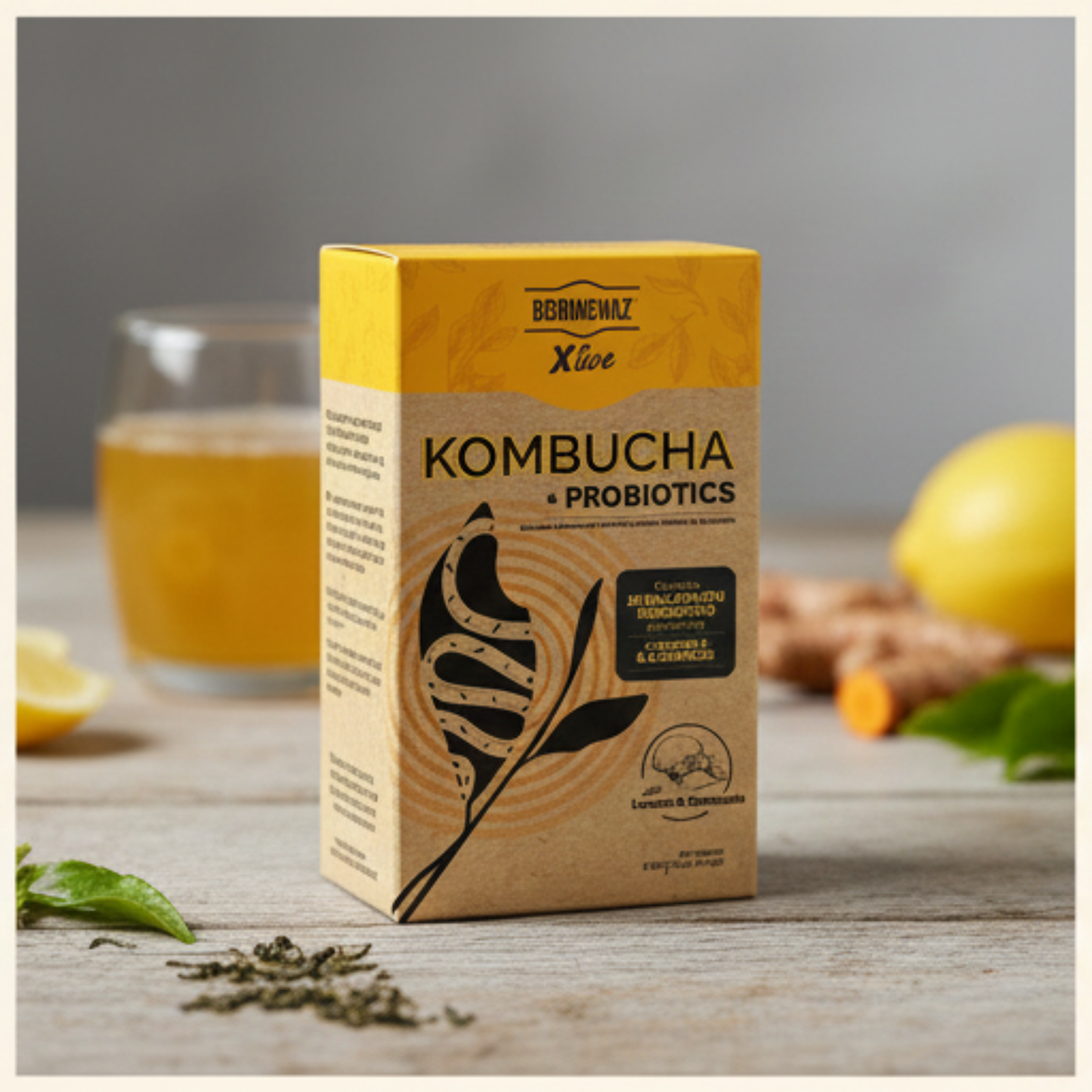 Kombucha and probiotics packaging on a wooden surface with a glass of kombucha and ingredients in the background.
