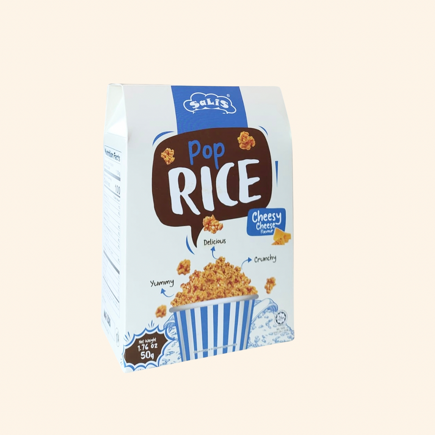 Box of Pop Rice Cheesy Cheese flavor on a beige background