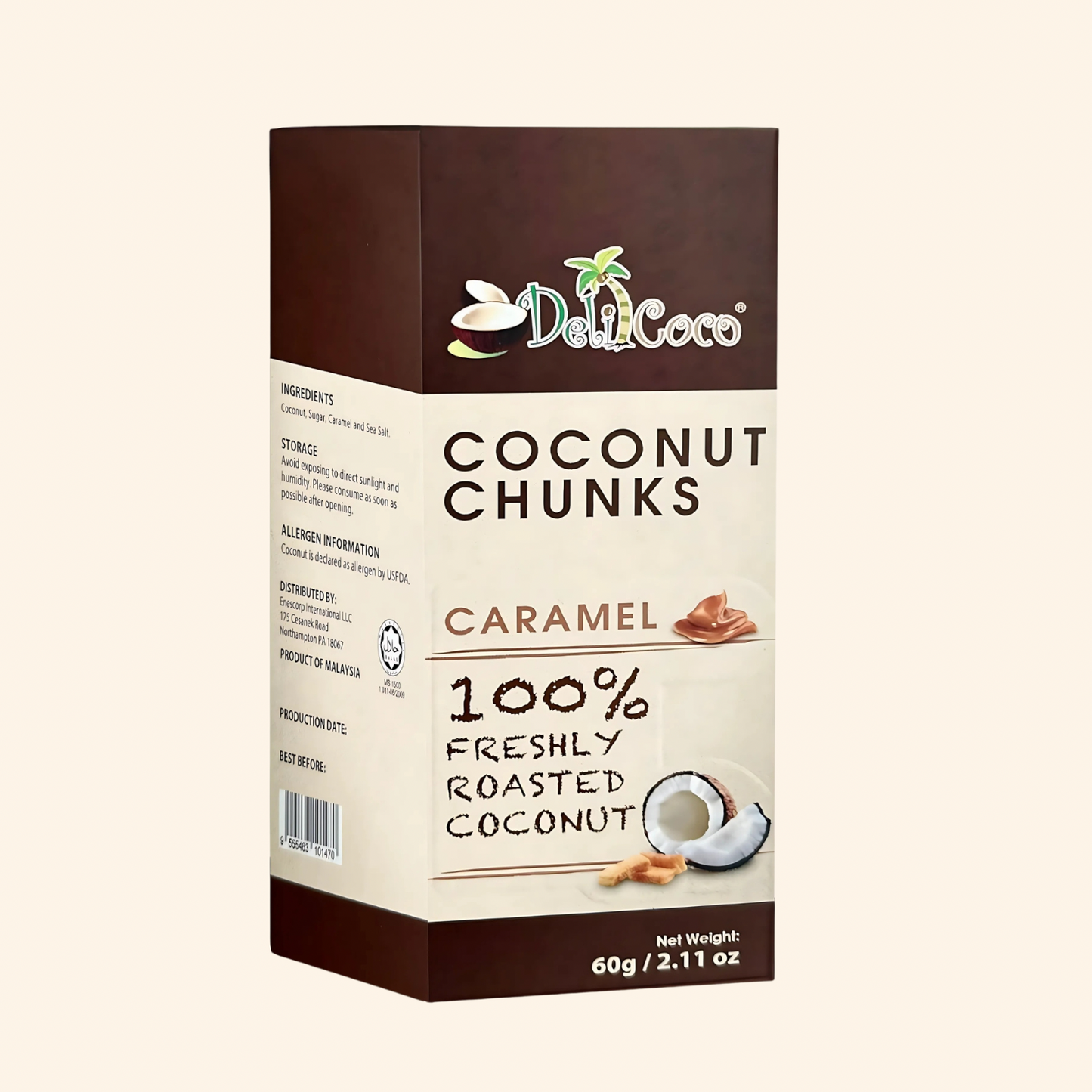 Box of Deli Coco Coconut Chunks Caramel flavor on a beige background