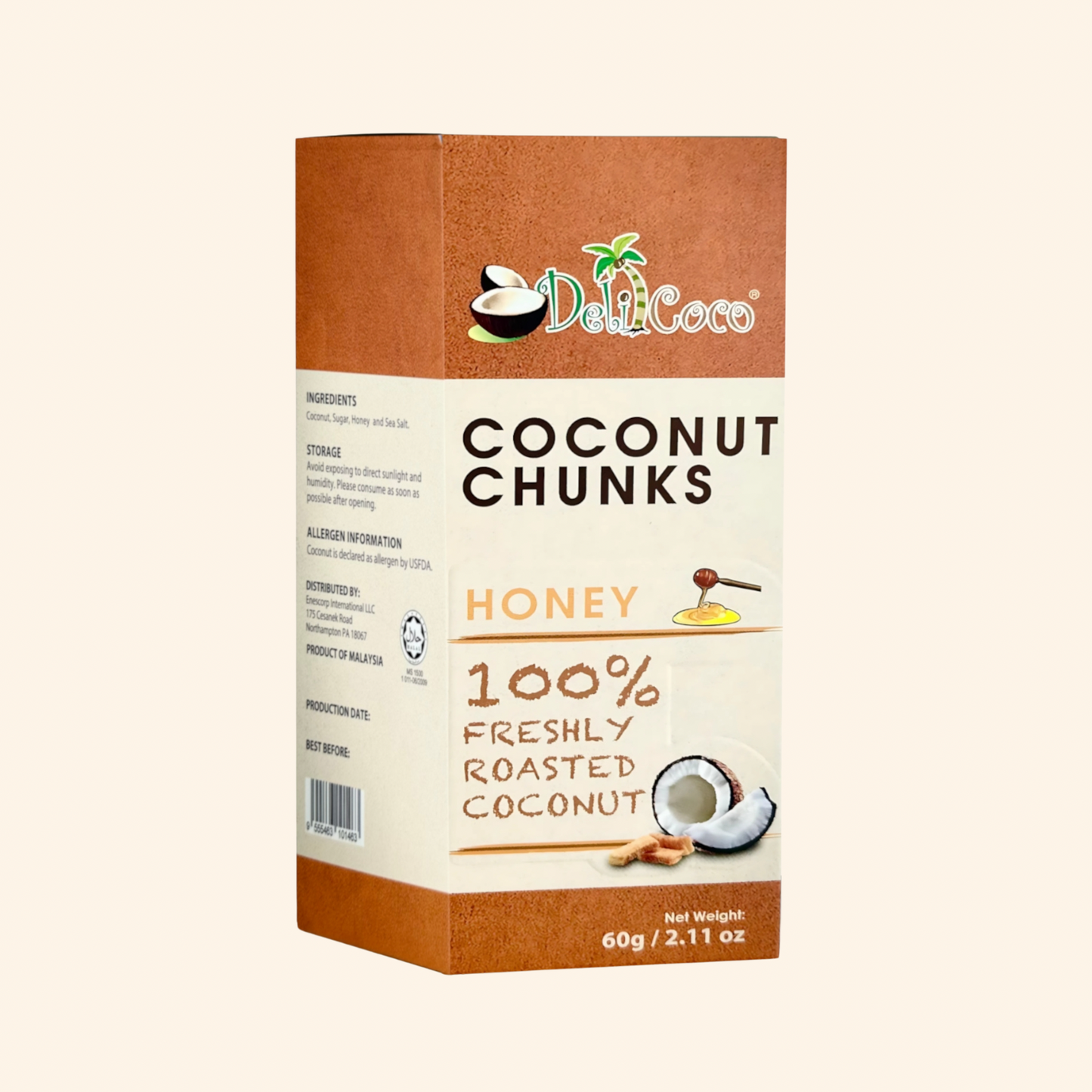 Box of Deli Coco coconut chunks with honey flavor on a white background