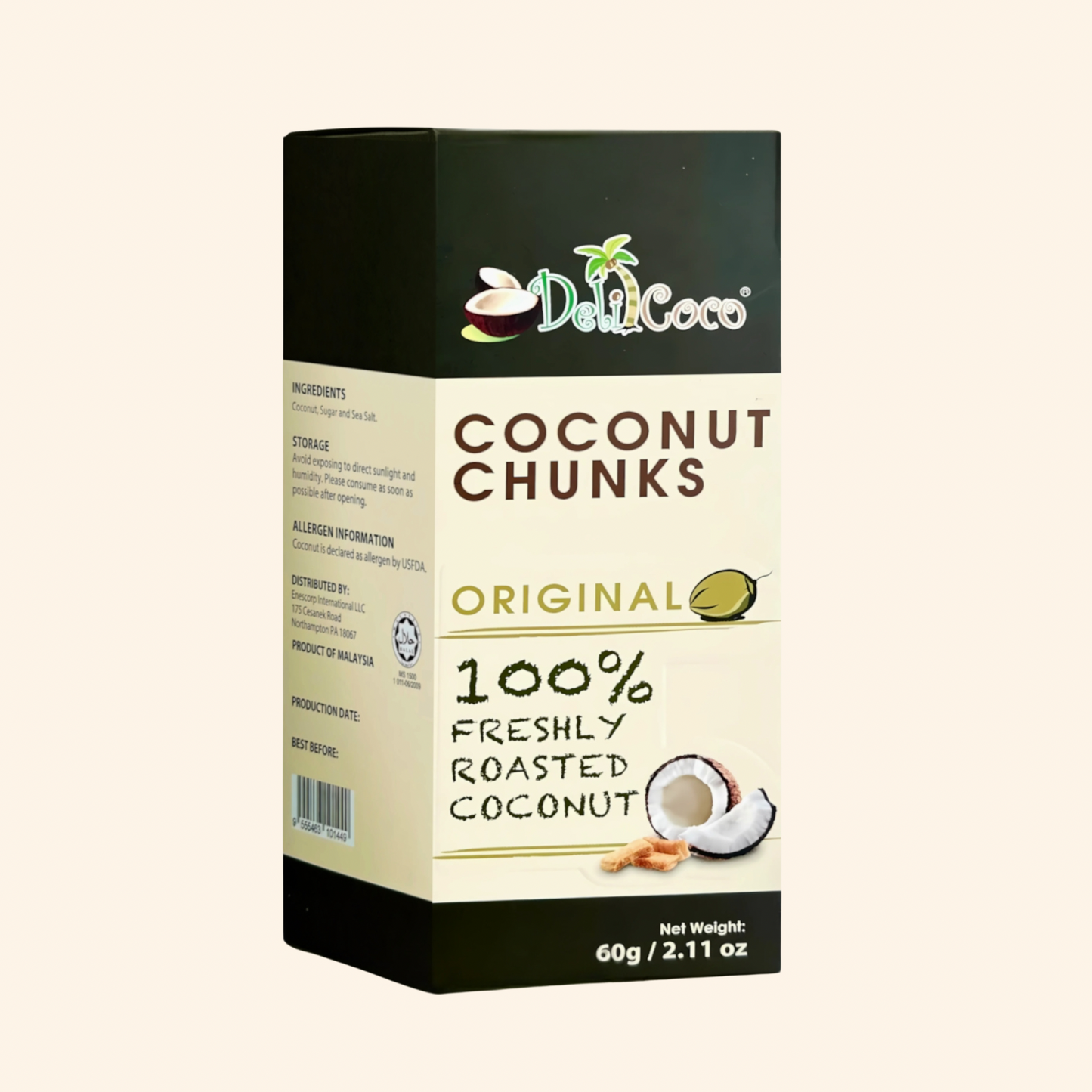 Box of DeliCoco Coconut Chunks on a beige background