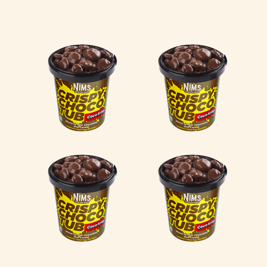 Four containers of Nims Crispy Choco Tub on a light beige background