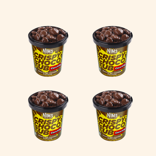 Four containers of Nims Crispy Choco Tub on a light beige background