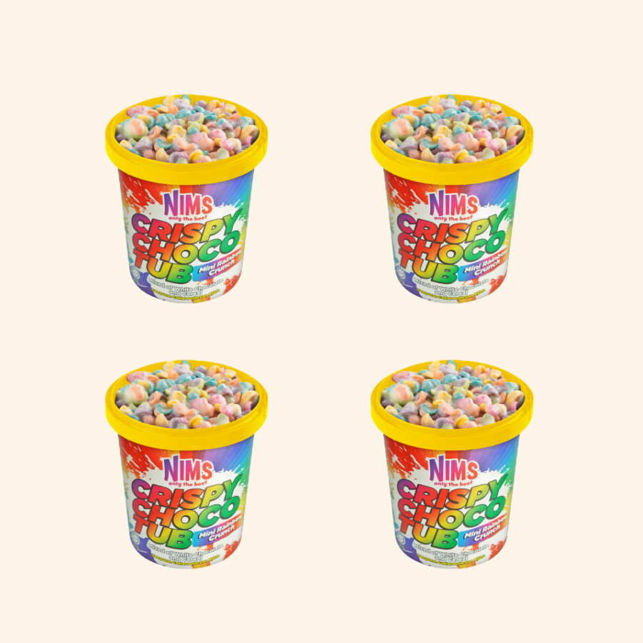 Four containers of Nims Crispy Choco Fubbles on a white background