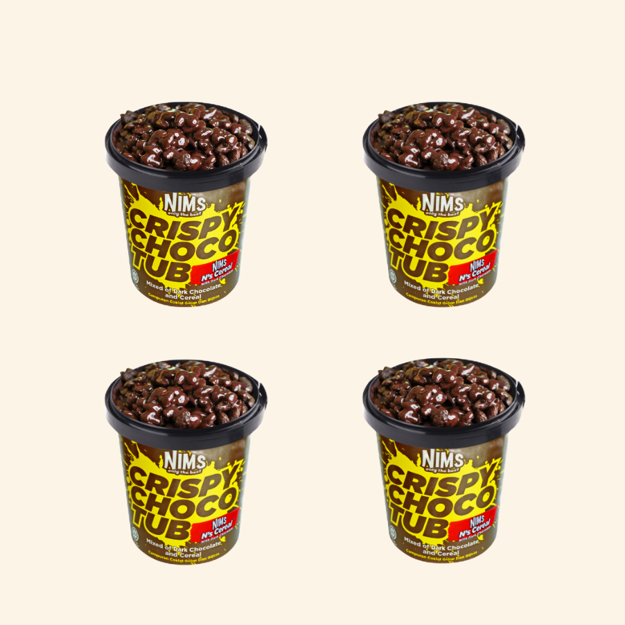 Four containers of Nims Crispy Choco Tub on a beige background