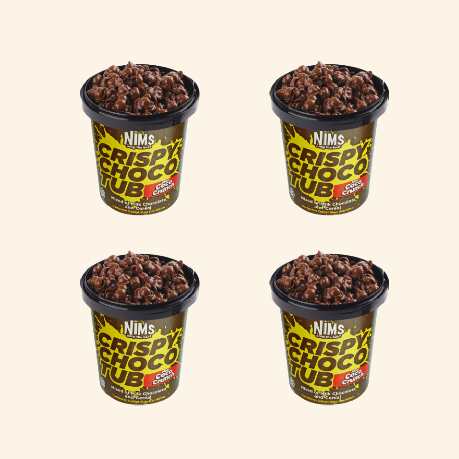 Four containers of Nims Crispy Choco Tub on a beige background