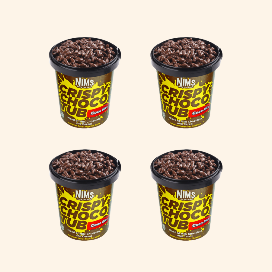 Four containers of Nims Crispy Choco Tub on a beige background