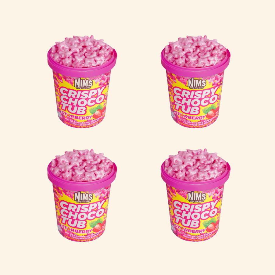Four pink Nims Crispy Choco Tub containers on a white background