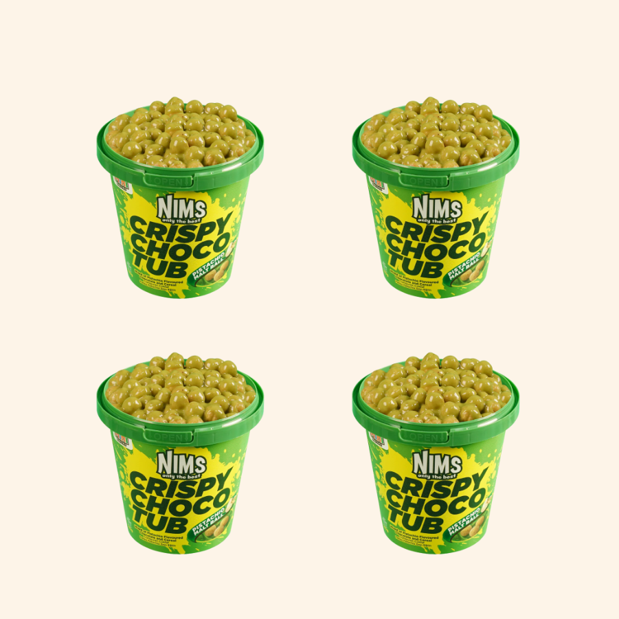 Four green cups of Nims Crispy Choco Tub on a beige background