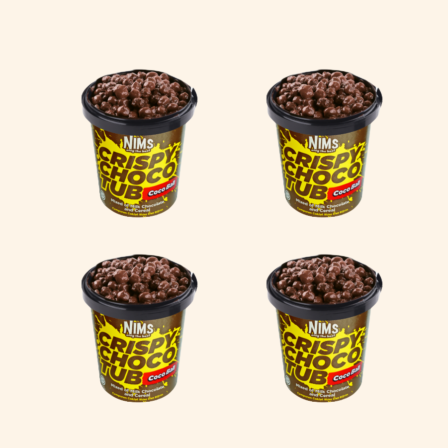 Four containers of Nims Crispy Choco Tub on a beige background