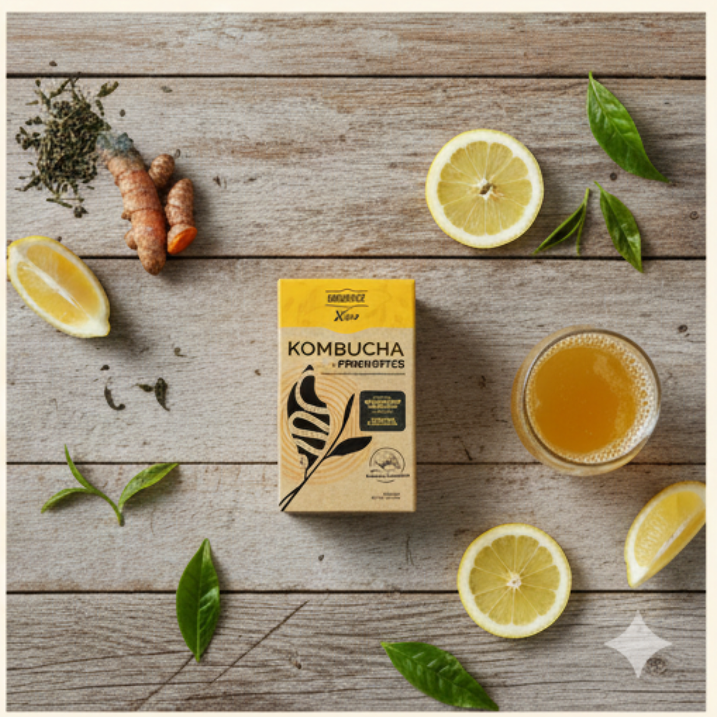 Kombucha box with lemons, turmeric, and a glass of kombucha on a wooden surface