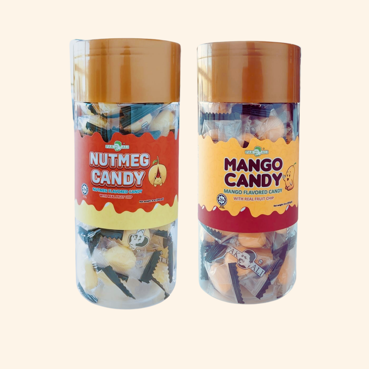 Two cylindrical candy containers labeled 'Nutmeg Candy' and 'Mango Candy' on a white background.