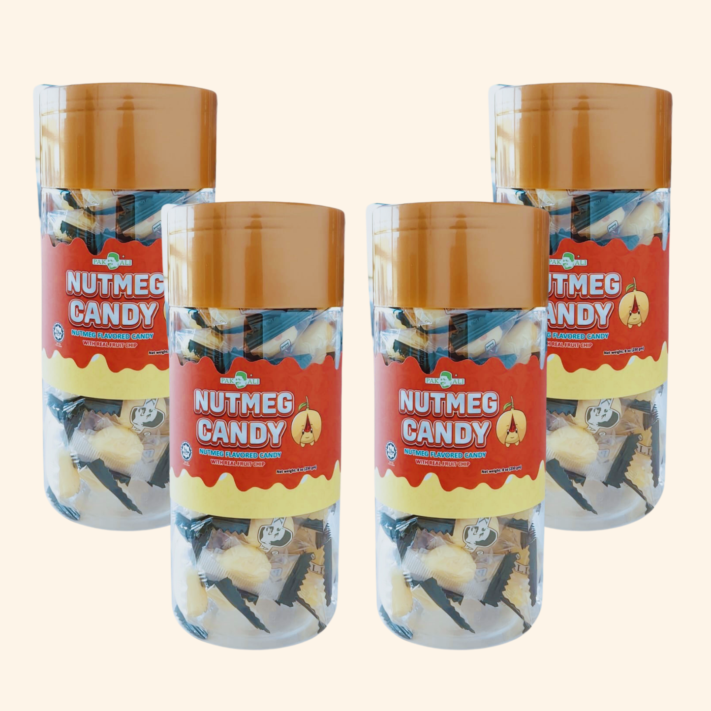 Four containers of Nutmeg Candy with a beige background