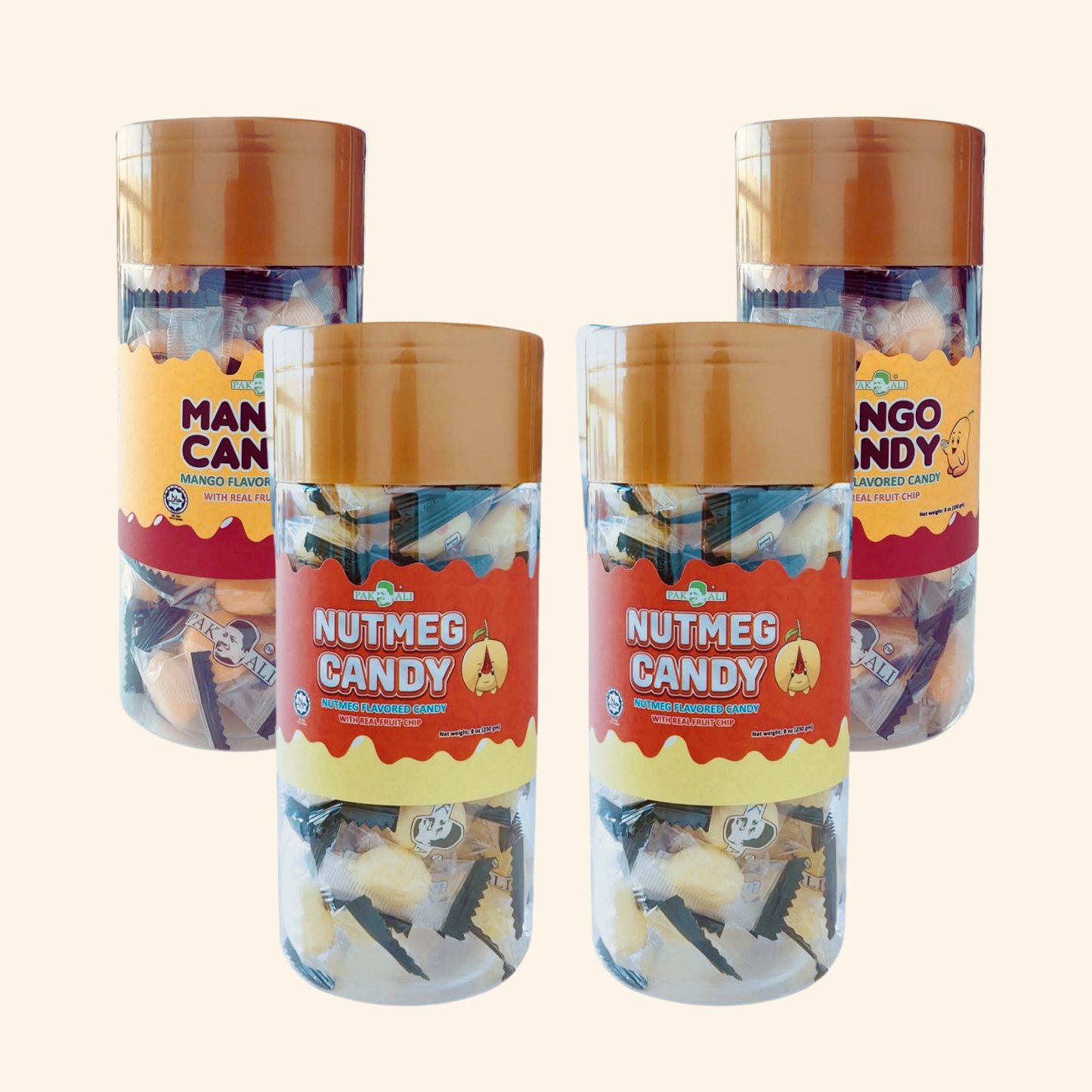 Four cylindrical jars of Nutmeg Candy with visible labels on a white background