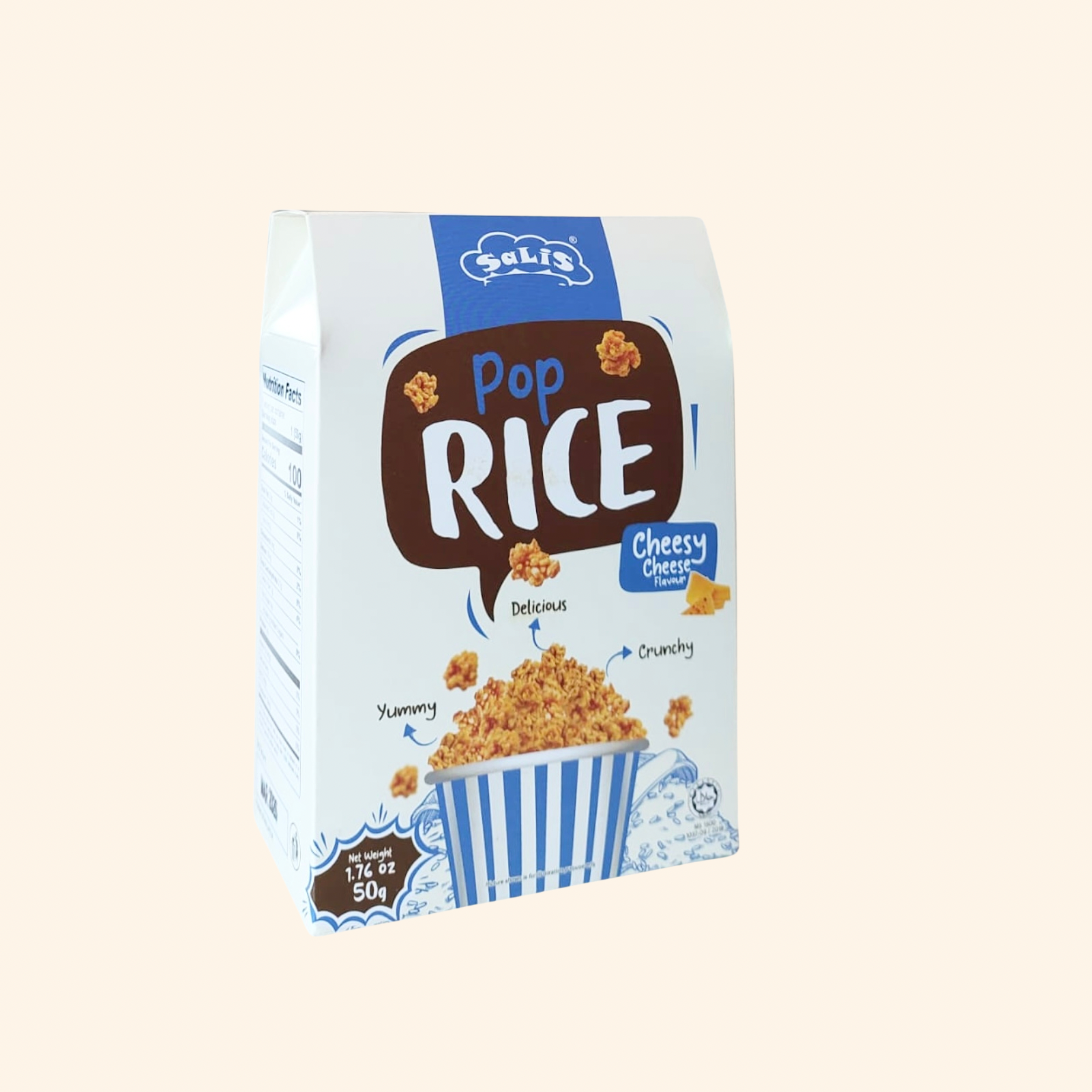 Box of Pop Rice Cheesy Cheese flavor on a beige background