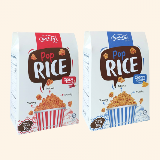 Two boxes of Pop Rice cereal on a beige background