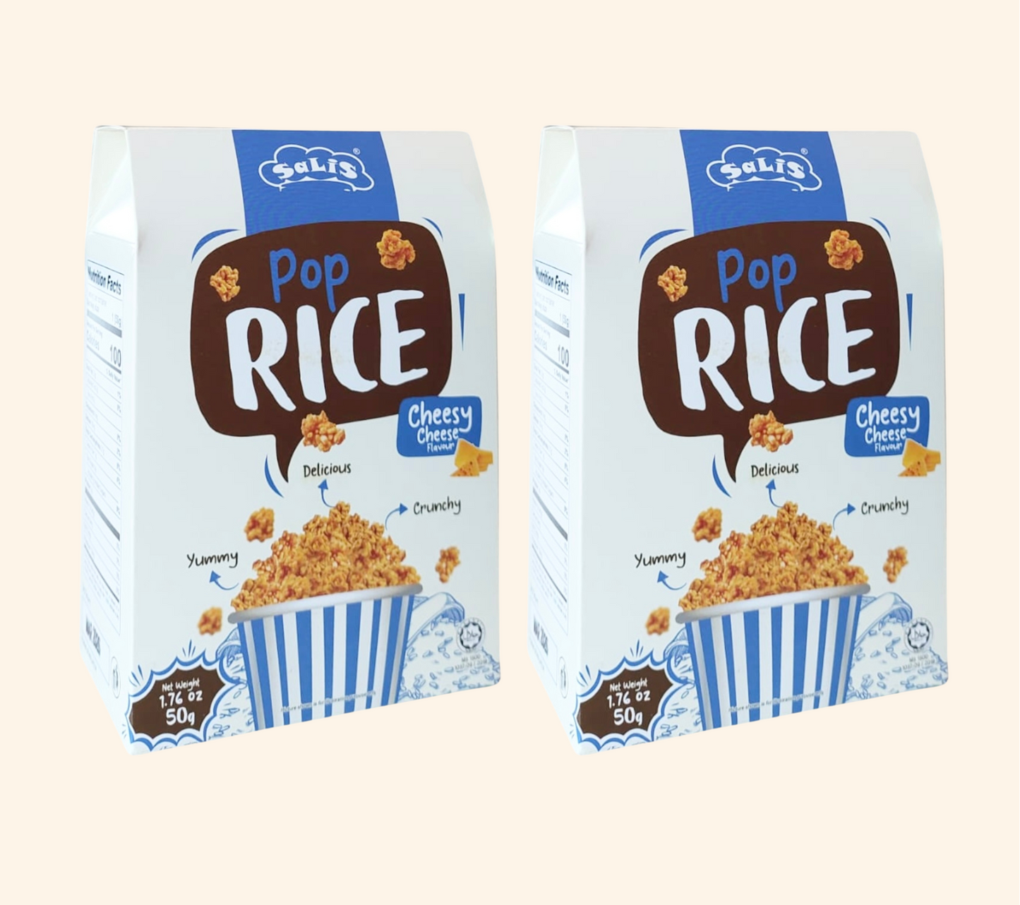 Two boxes of Sal's Pop Rice Cheesy Cheese flavor on a beige background