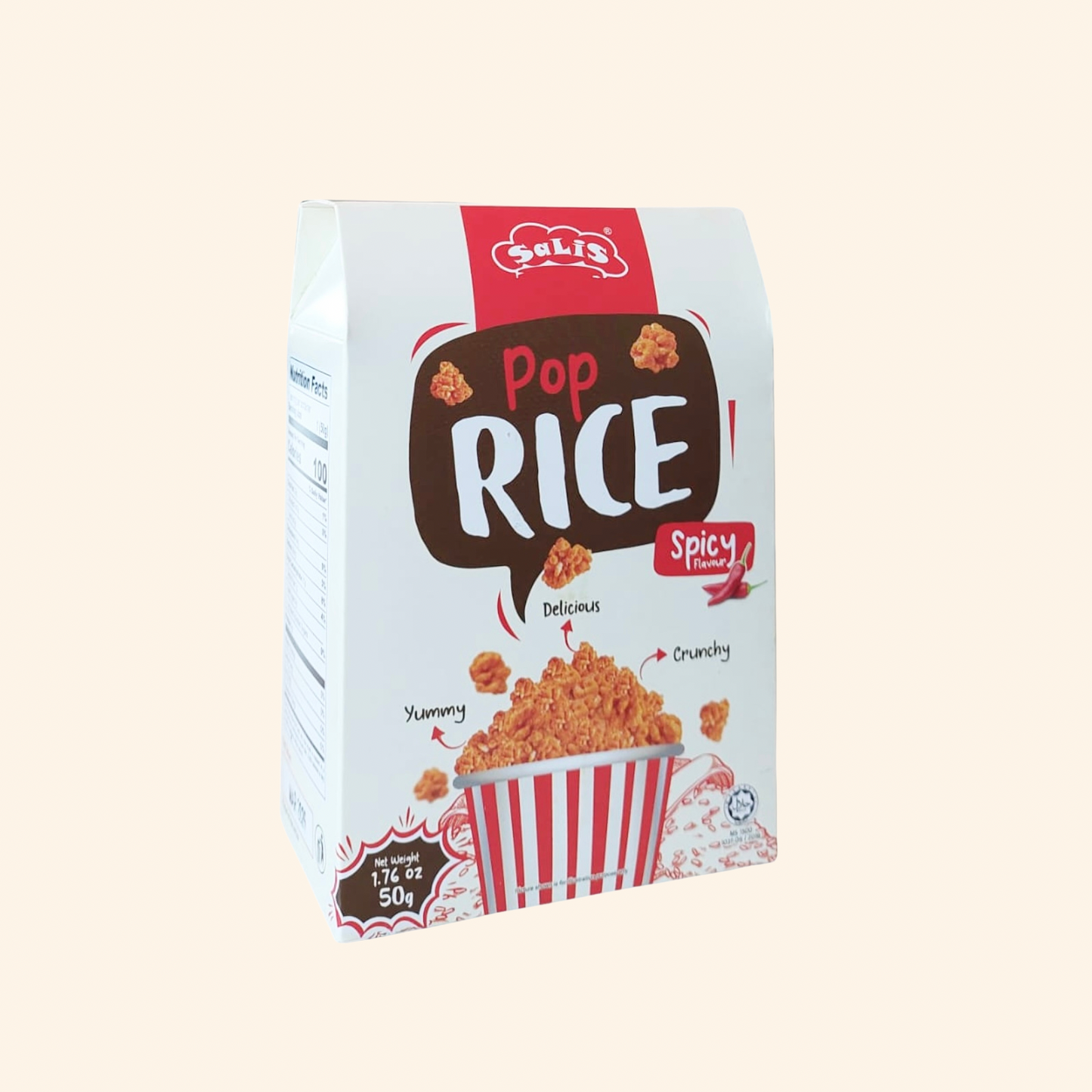 Box of Pop Rice on a beige background