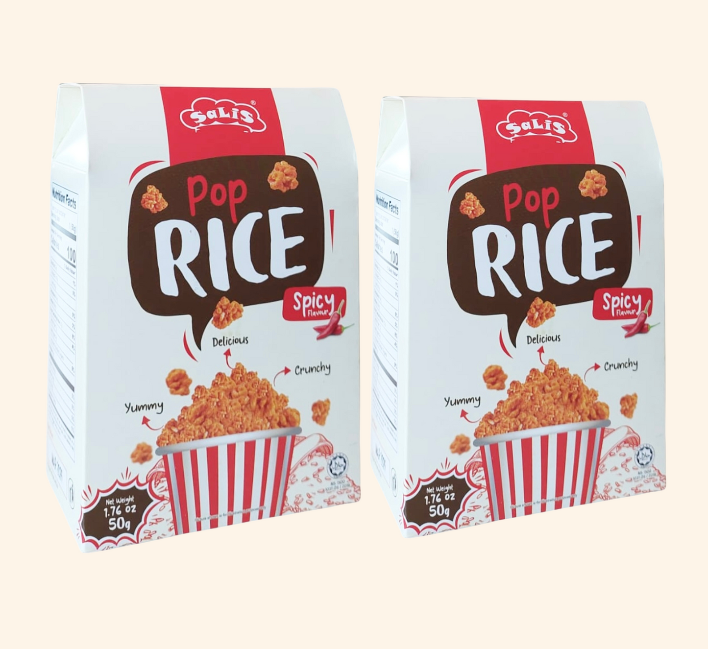 Two boxes of Pop Rice Spicy on a beige background