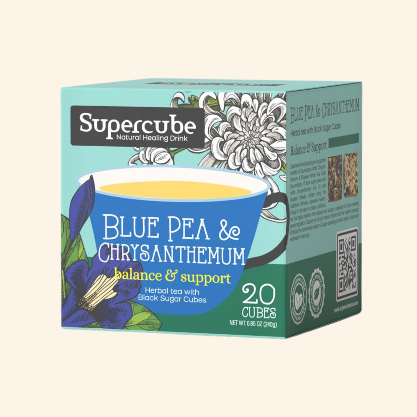 Supercube Blue Pea & Chrysanthemum tea box on a white background