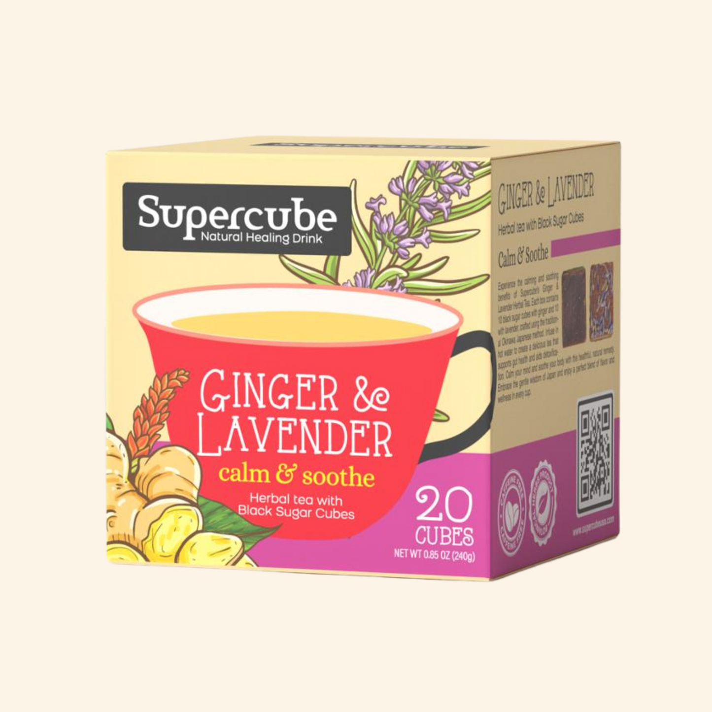 Supercube Ginger & Lavender tea box on a beige background