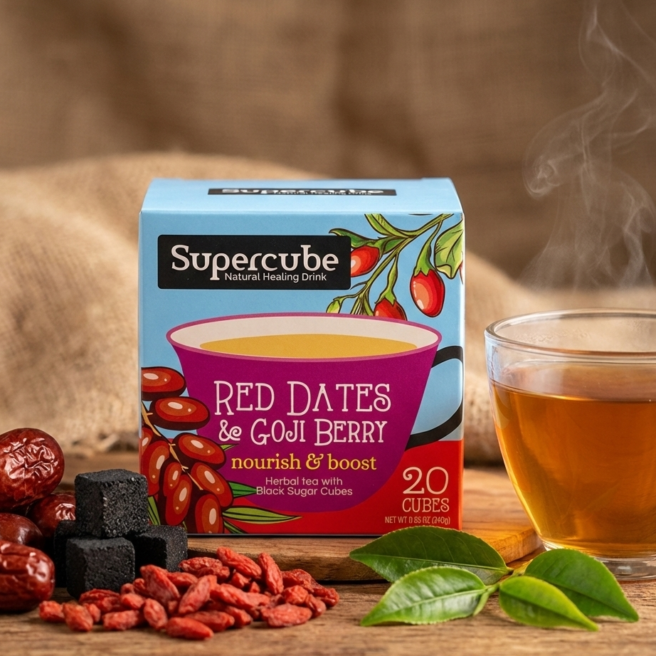 Supercube Red Dates & Goji Berry tea packaging with a steaming cup of tea and ingredients on a wooden surface.