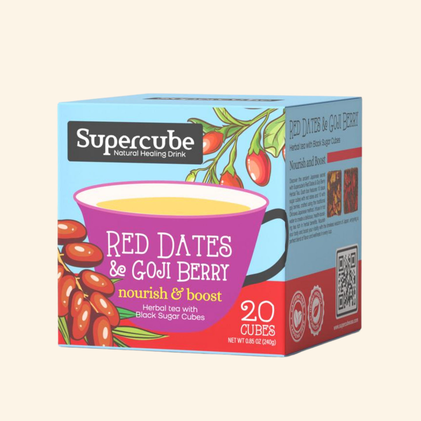 Supercube Red Dates & Goji Berry natural healing drink package on a beige background